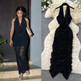 Fall Women’s Halter Neck Ruched Low Back Slim Fit Chic Holiday Maxi Dress