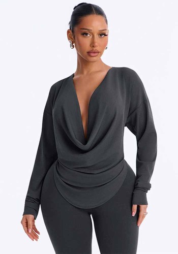 Fall Women’s Solid Color Sexy Deep V Neck Cowl Neck Long Sleeve Slim Fit Top