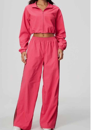 Women's Color Block Casual Stand Collar Top and Wide Leg Pant Two Piece Set
