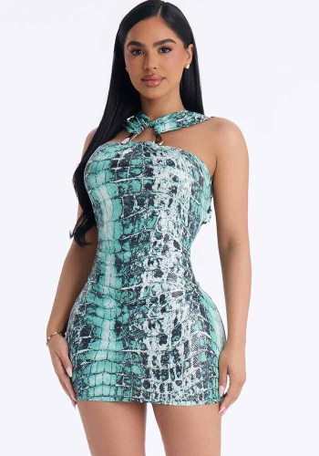 Women's Summer Animal Print Metal Buckle Bodycon Dress