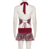 Women's Sexy Sequin Halter Neck V Neck Lace-Up Cami Top and Mesh Skirt Two Piece Set