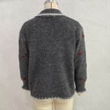 Women's Turndown Collar Heart Print Jacquard Knit Color Block Pearl Button Sweater