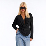 Fall Women’s Solid Color Sexy Deep V Neck Cowl Neck Long Sleeve Slim Fit Top