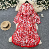 Fall Elegant Red Women’s Printed Long Sleeve Slim Waist A-Line Dress