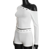 Women’s Solid Color Fashion Slash Shoulder Long Sleeve Top and Shorts Set
