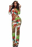 Women's Printed Zipper Hooded Top and Long Pant Two Piece Set