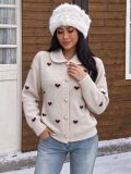 Women's Turndown Collar Heart Print Jacquard Knit Color Block Pearl Button Sweater