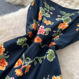 Fall Women’s Printed Halter Neck Strap Dress with High Waist A-Line Midi Dress for Holidays