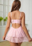 Women’s Pink Underwire Bow Detail Sexy See-Through Slip Nightdress Lingerie Set