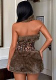 Fall Winter Women’s Faux Fur Patchwork Strapless Leopard Print Dress