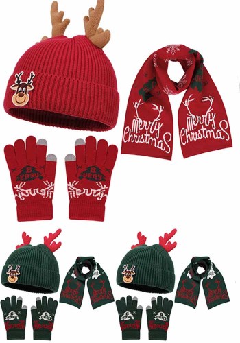 Autumn Winter Christmas Knit Hat Neck Warmer Glove Three-Piece Set