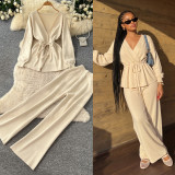 Fall Women’s V Neck Tie Front Knit Cardigan and High Waist Wide Leg Pants Two-Piece Set