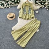 Fall Women’s Career Style Embroidered Long Sleeve Shirt and Wide Leg Pants Two-Piece Set