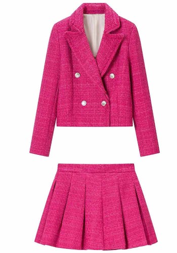 Women's Autumn Turndown Collar Jacket and Pleated Midi Skirt Two Piece Set