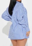 Women's Spring Turndown Collar Striped Long Sleeve Button Top and Short Two Piece Set