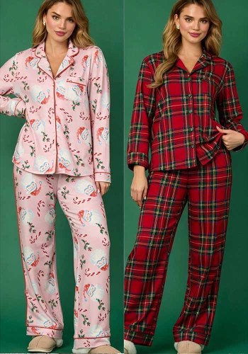 Women's Christmas Santa Long Sleeve Top and Long Pant Pajama Two Piece Set