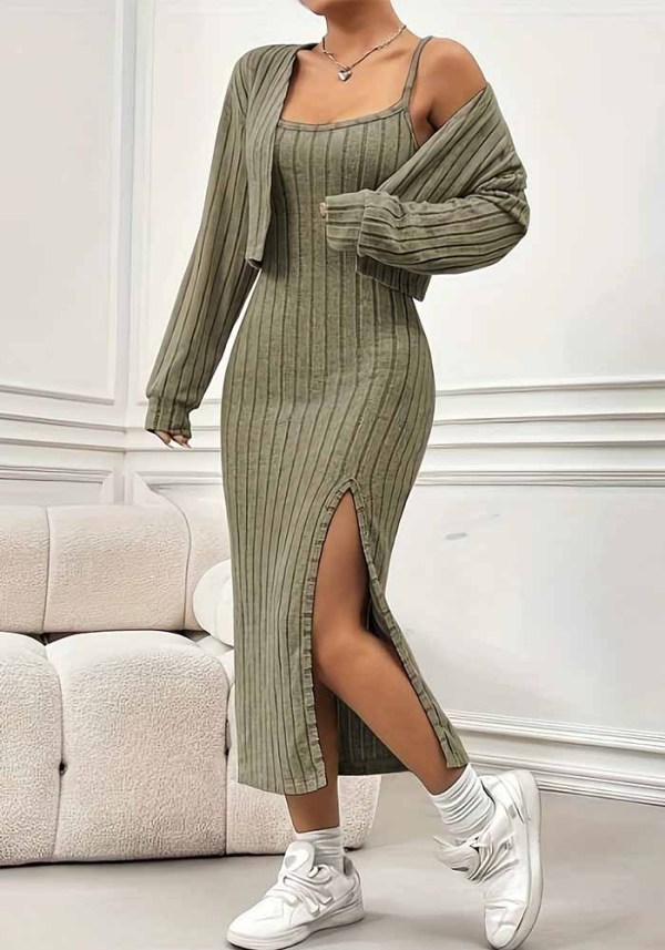 Women’s Ribbed Knit Strap Slim Fit Side Slit Dress and Cardigan Two-Piece Set