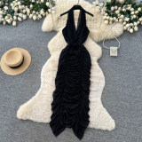Fall Women’s Halter Neck Ruched Low Back Slim Fit Chic Holiday Maxi Dress