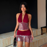 Women's Sexy Sequin Halter Neck V Neck Lace-Up Cami Top and Mesh Skirt Two Piece Set