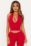 Women's Solid Halter Neck Tie V Neck Top and Capri Pant Two Piece Set