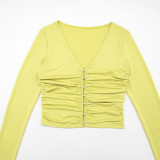Women’s Ruched V Neck Button-Up Long Sleeve Top Slim Fit Pants and Headscarf Set