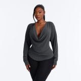 Fall Women’s Solid Color Sexy Deep V Neck Cowl Neck Long Sleeve Slim Fit Top