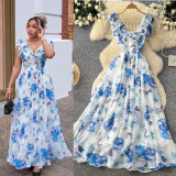 Women’s Printed V Neck Ruffle Slim Waist  A-Line Maxi Dress for Holidays