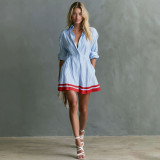 Women’s Striped Shirt Dress Pockets Slim Waist Contrast Red Trim Mini Dress