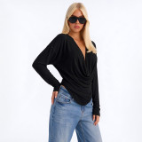 Fall Women’s Solid Color Sexy Deep V Neck Cowl Neck Long Sleeve Slim Fit Top