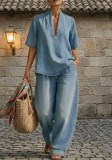 Summer Women’s Loose Fit Casual Solid Color Denim Two-Piece Pants Set