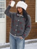 Women's Turndown Collar Heart Print Jacquard Knit Color Block Pearl Button Sweater