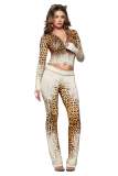 Women's Casual Letter Print Leopard Zipper Hooded Top and Long Pant Two Piece Set