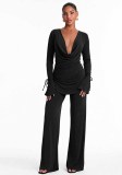 Fall Women’s Sexy Deep V Neck Cowl Neck Lace-Up Long Sleeve Top and Pants Set