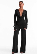 Fall Women’s Sexy Deep V Neck Cowl Neck Lace-Up Long Sleeve Top and Pants Set Fall Women’s Sexy Deep V Neck Cowl Neck Lace-Up Long Sleeve Top and Pants Set