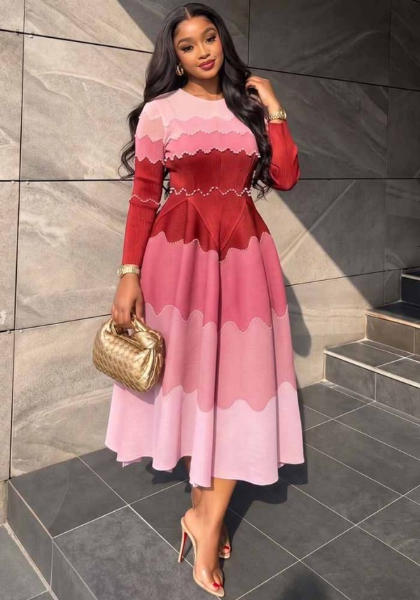Fall Women’s Ruched Dress with Embellished Colorblock Details Slim Waist Slim Fit Pleated Midi Dress