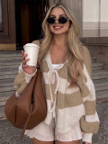 Women's Autumn Winter Lantern Sleeve Casual American Wide Stripe V Neck Tie Sweater