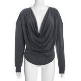 Fall Women’s Solid Color Sexy Deep V Neck Cowl Neck Long Sleeve Slim Fit Top