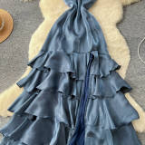 Fall Women’s Purple V Neck Strap Dress Cascading Ruffles Slim Waist Slim Fit Holiday Maxi Dress