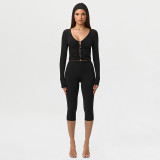 Women’s Ruched V Neck Button-Up Long Sleeve Top Slim Fit Pants and Headscarf Set