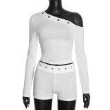 Women’s Solid Color Fashion Slash Shoulder Long Sleeve Top and Shorts Set
