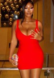 Women's Solid Bandage V Neck Stretchy Ribbed Cami Bodycon Dress