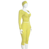Women’s Ruched V Neck Button-Up Long Sleeve Top Slim Fit Pants and Headscarf Set