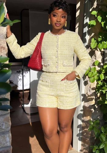 Fall Women’s Slim Fit Trendy Style Embellished Jacket and High Waist Shorts Two-Piece Set