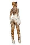 Women's Casual Letter Print Leopard Zipper Hooded Top and Long Pant Two Piece Set
