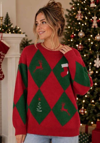 Women's Argyle Jacquard Knit Round Neck Christmas Sweater