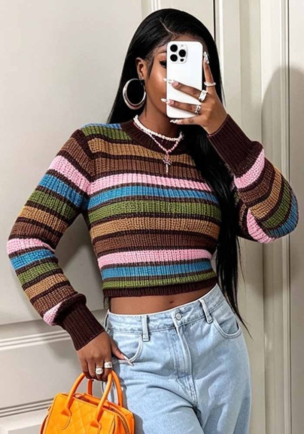 Women’s Fashion Colorful Striped Colorblock Knitting Top