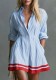 Women’s Striped Shirt Dress Pockets Slim Waist Contrast Red Trim Mini Dress