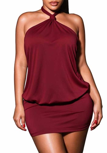 Women’s Sexy Solid Color Slim Fit Open Back Lace-Up Halter Neck Bodycon Dress