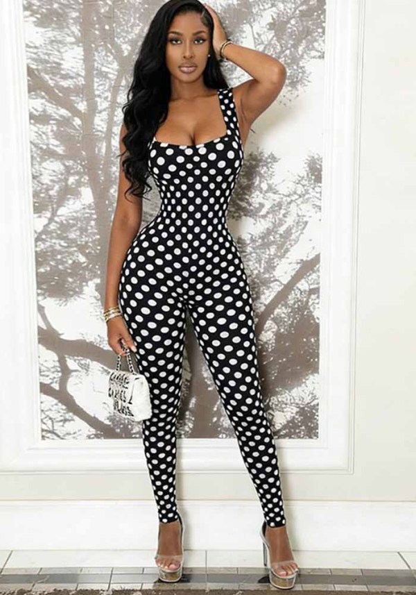 Women's Summer Sexy Square Neck Printed Polka Dot Backless Sleeveless Jumpsuit