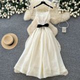 Women’s Sleeveless Strap Dress with Bow Detail Slim Waist A-Line Formal Maxi Dress for Holidays